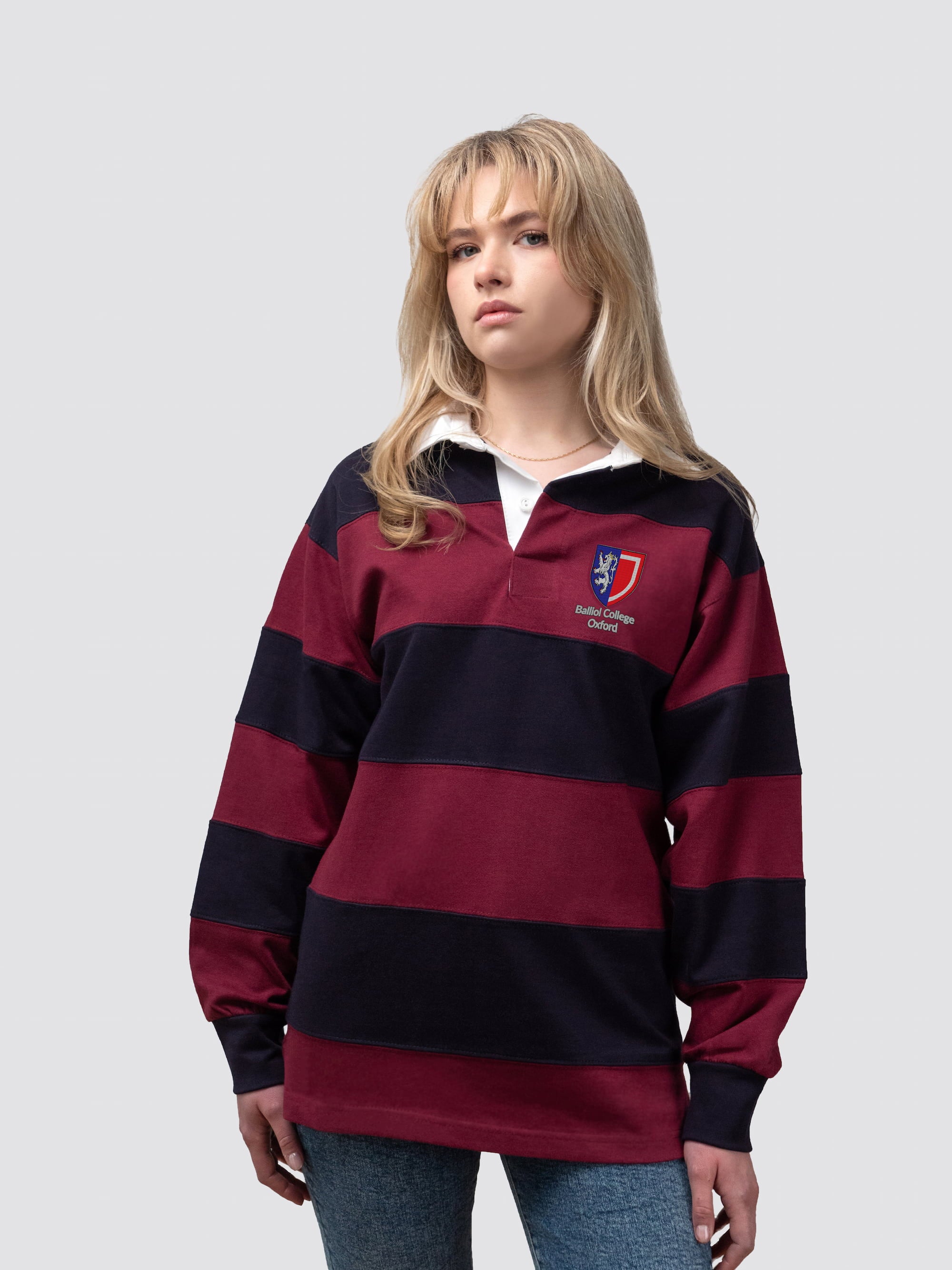 Balliol College rugby shirt, with burgundy and navy stripes