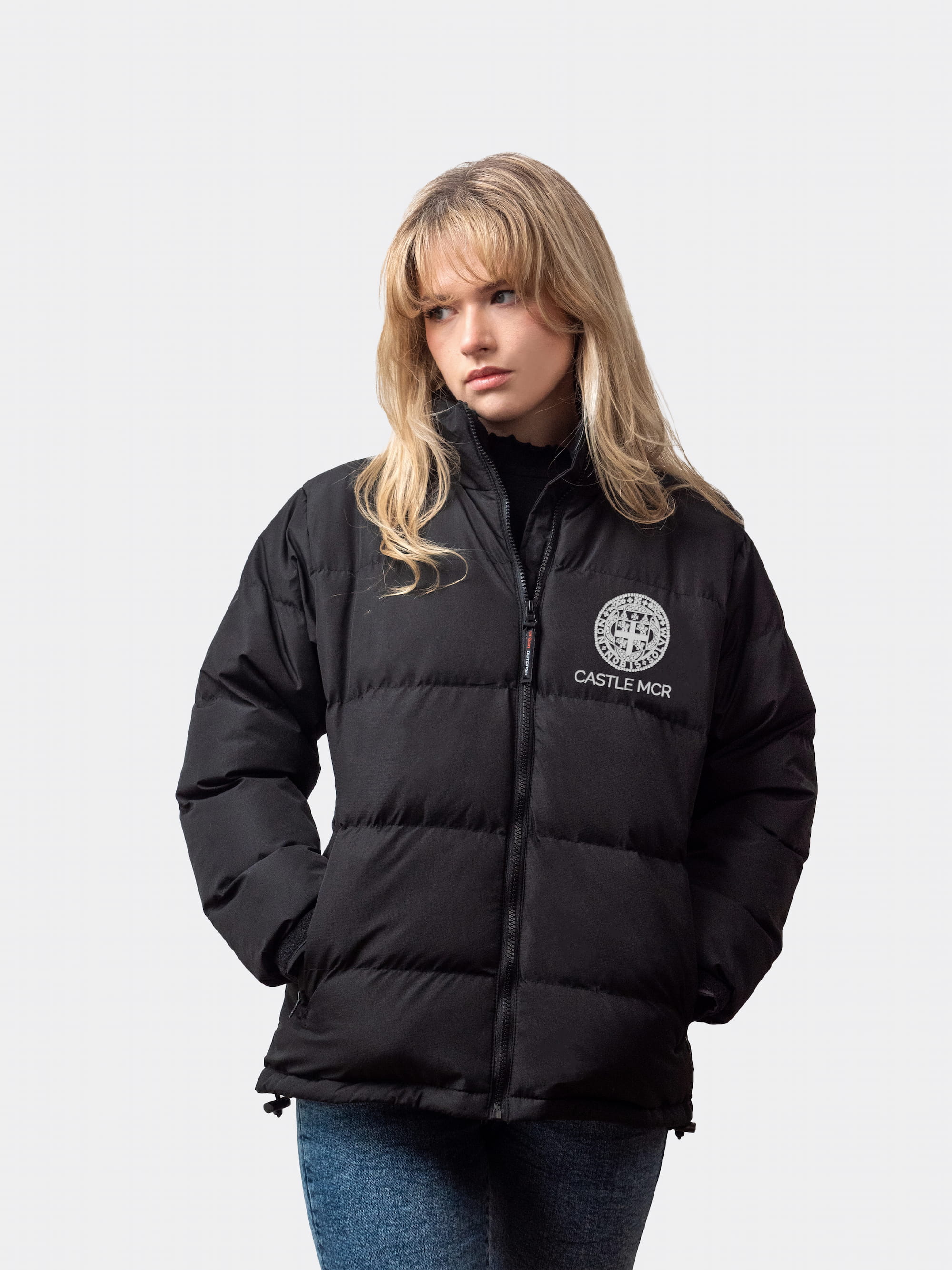 A personalised women’s Puffer Jacket, with Durham University crest, from Redbird  Apparel