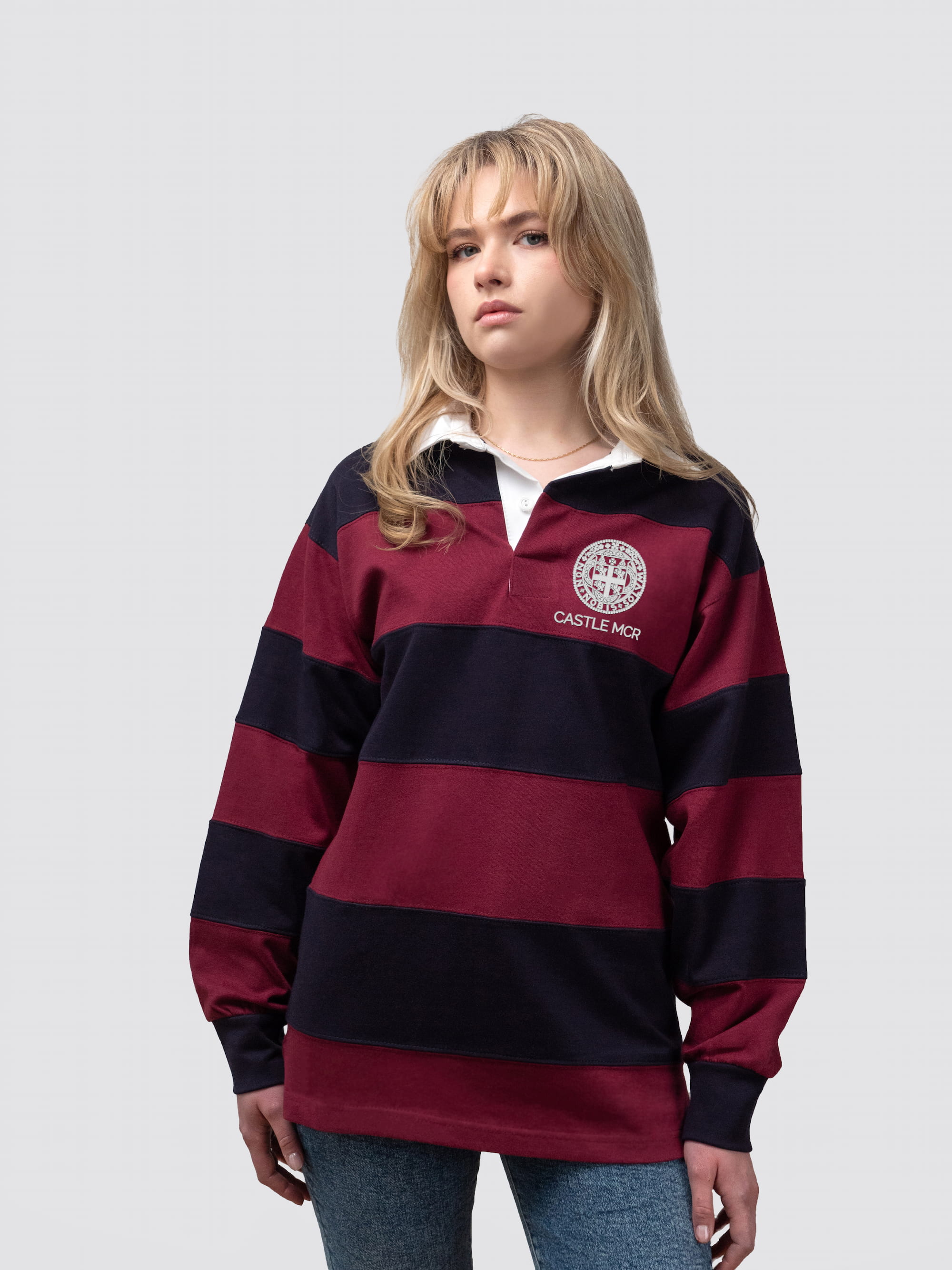 Castle MCR College rugby shirt, with burgundy and navy stripes