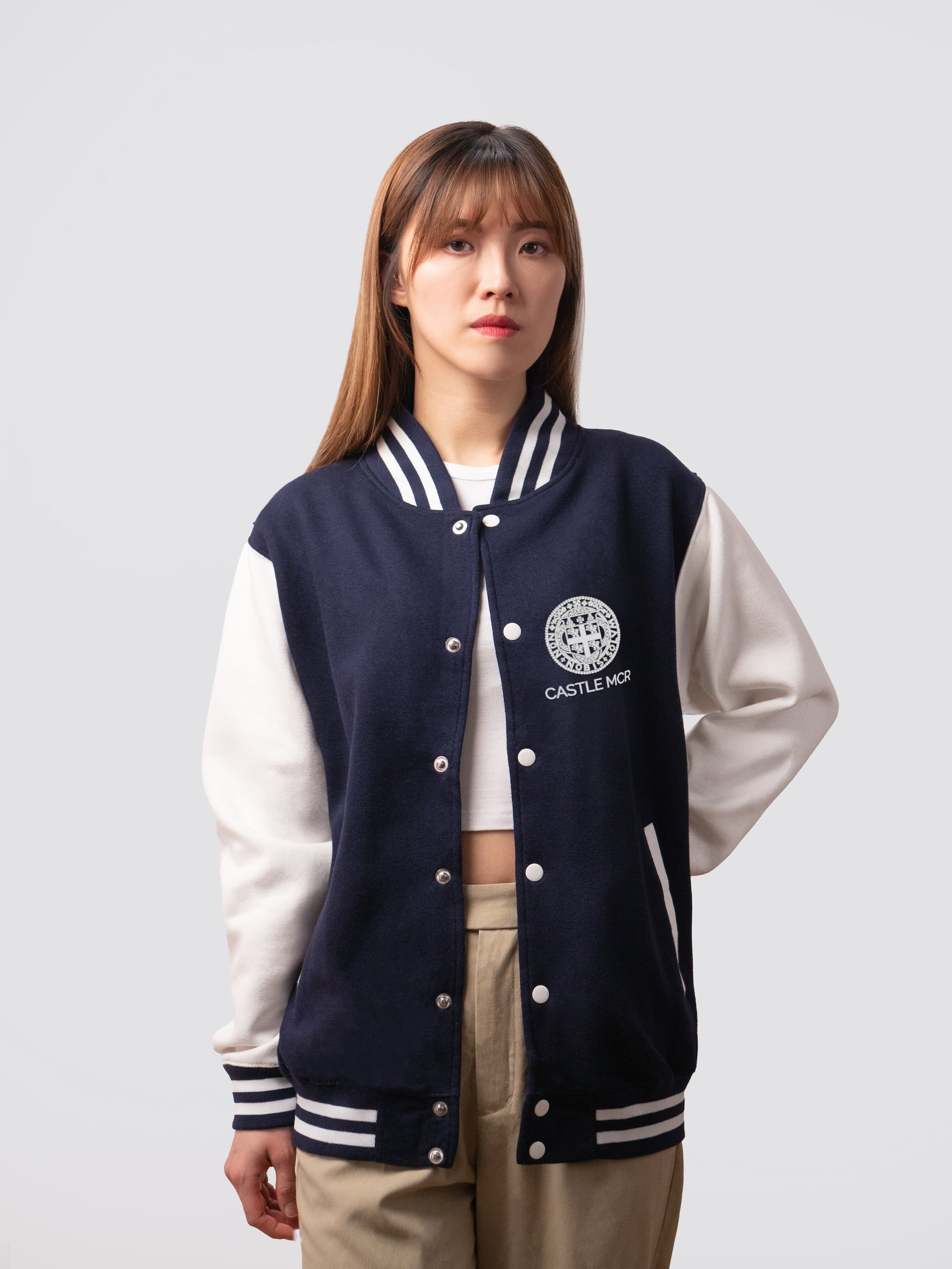 Retro style varsity jacket, with embroidered Castle MCR crest