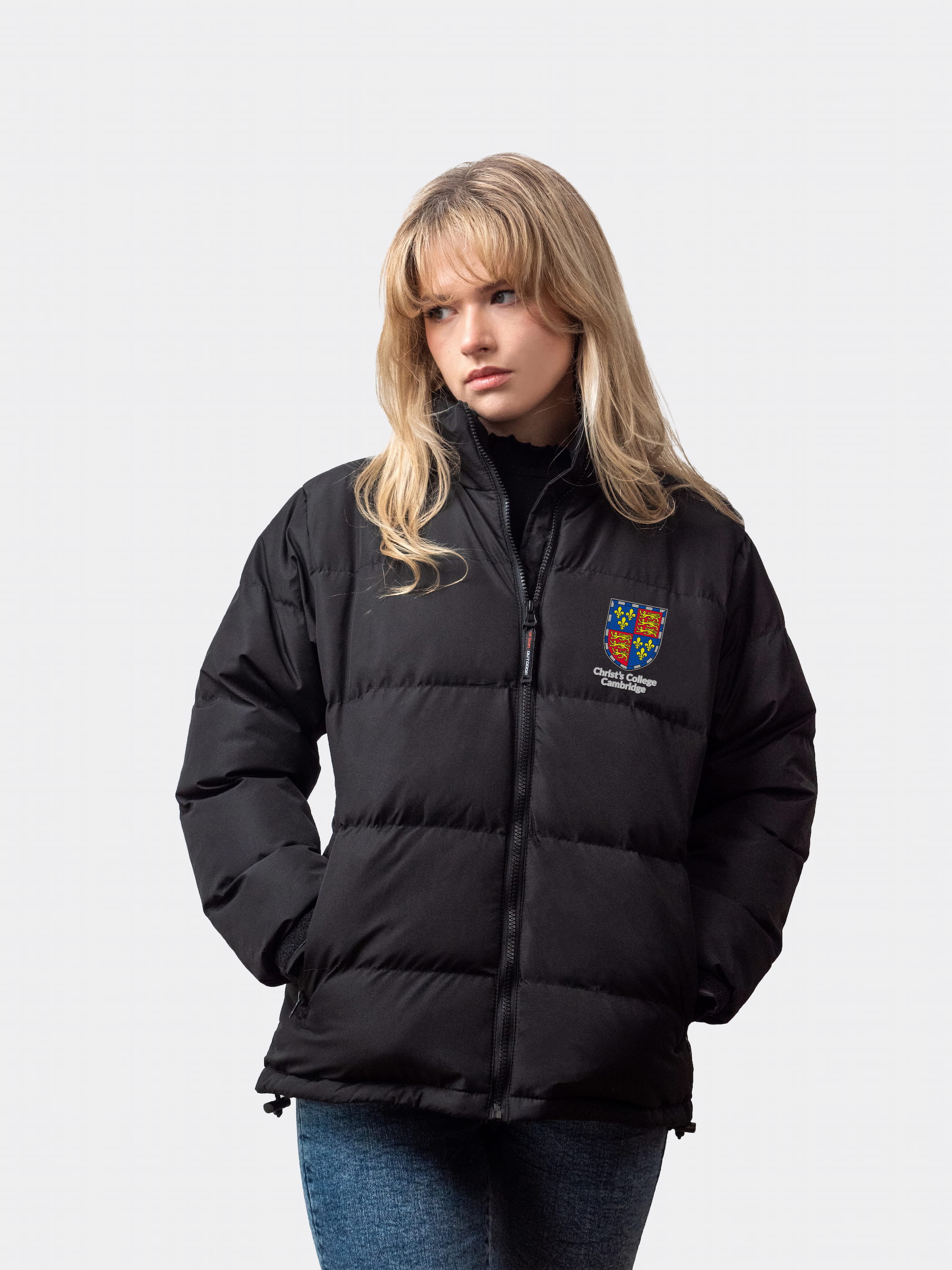 A personalised women’s Puffer Jacket, with Cambridge University crest, from Redbird  Apparel