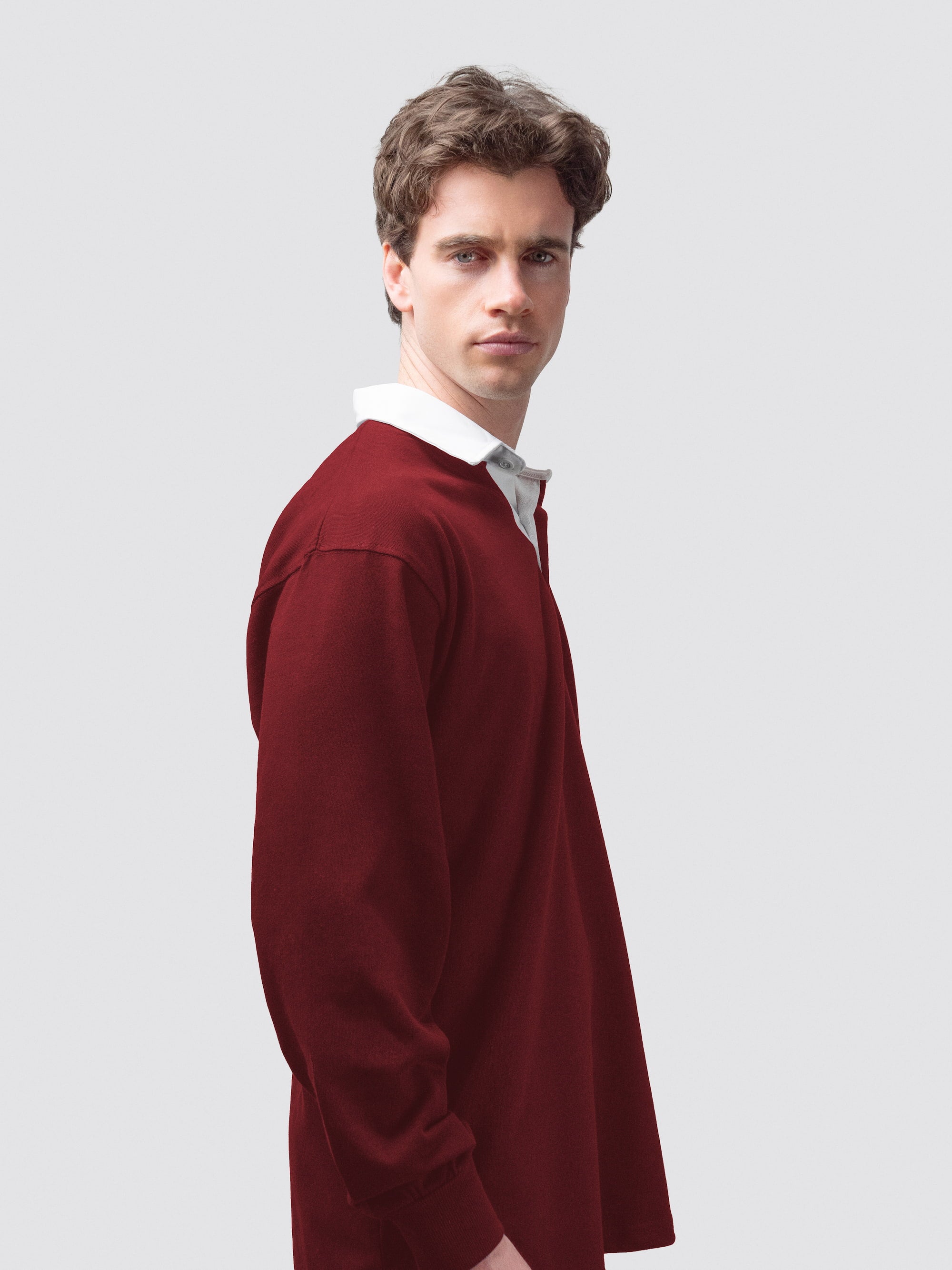 A deep burgundy, Cambridge University rugby shirt with white contrast  collar
