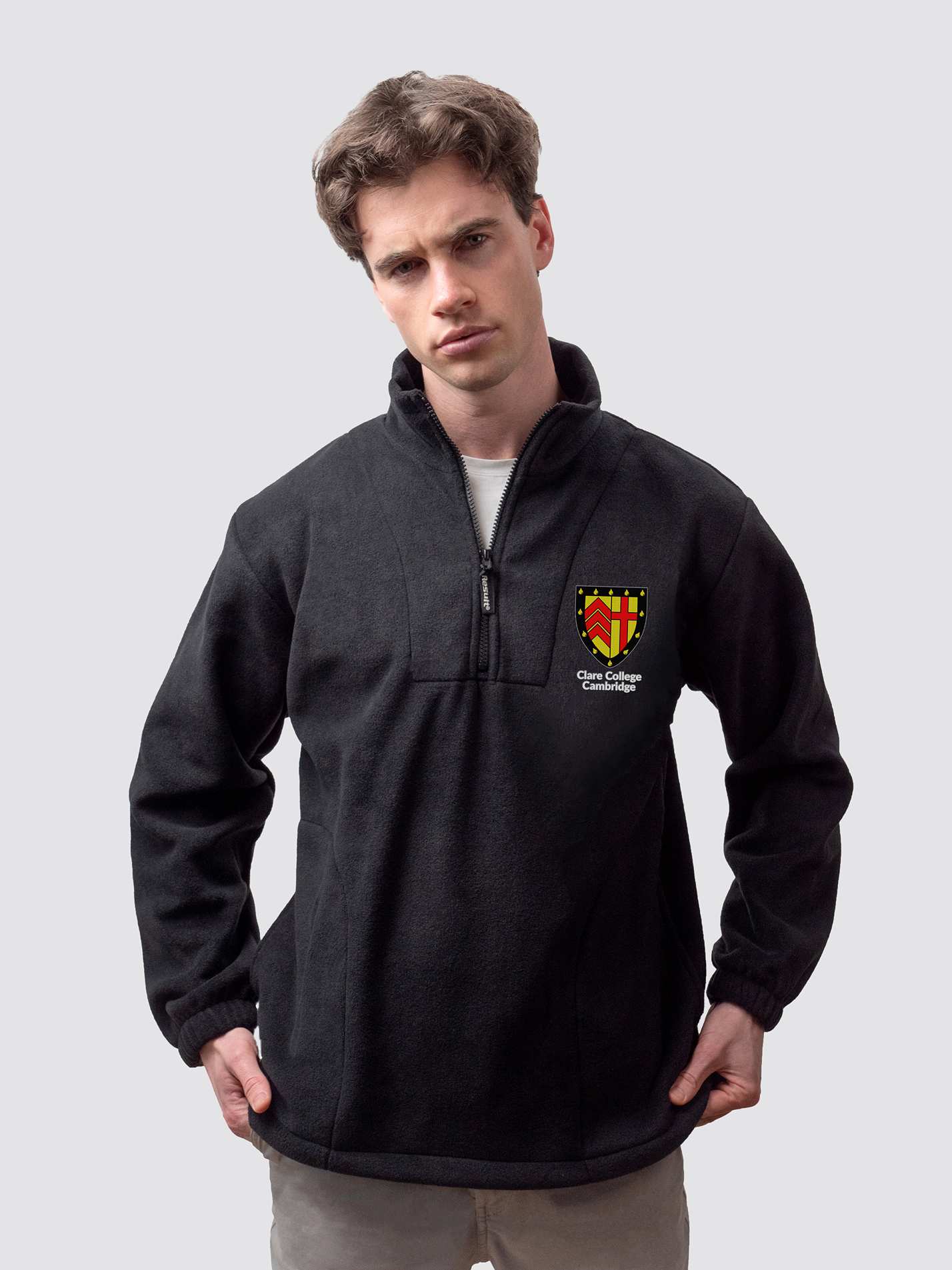 Cambridge University fleece, with custom embroidered initials and Clare crest