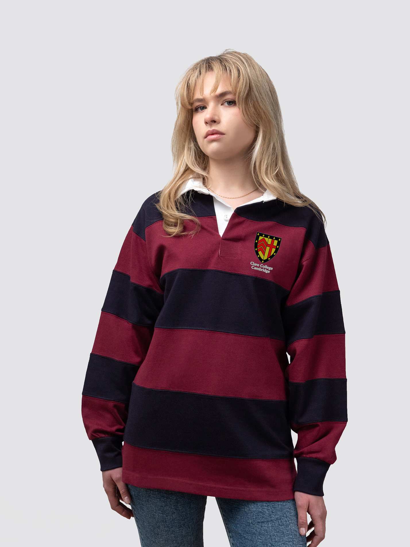 Clare College rugby shirt, with burgundy and navy stripes