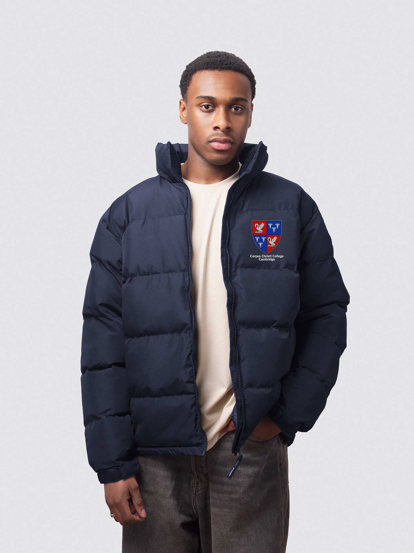 Navy Cambridge University puffer jacket, with embroidery on the left chest