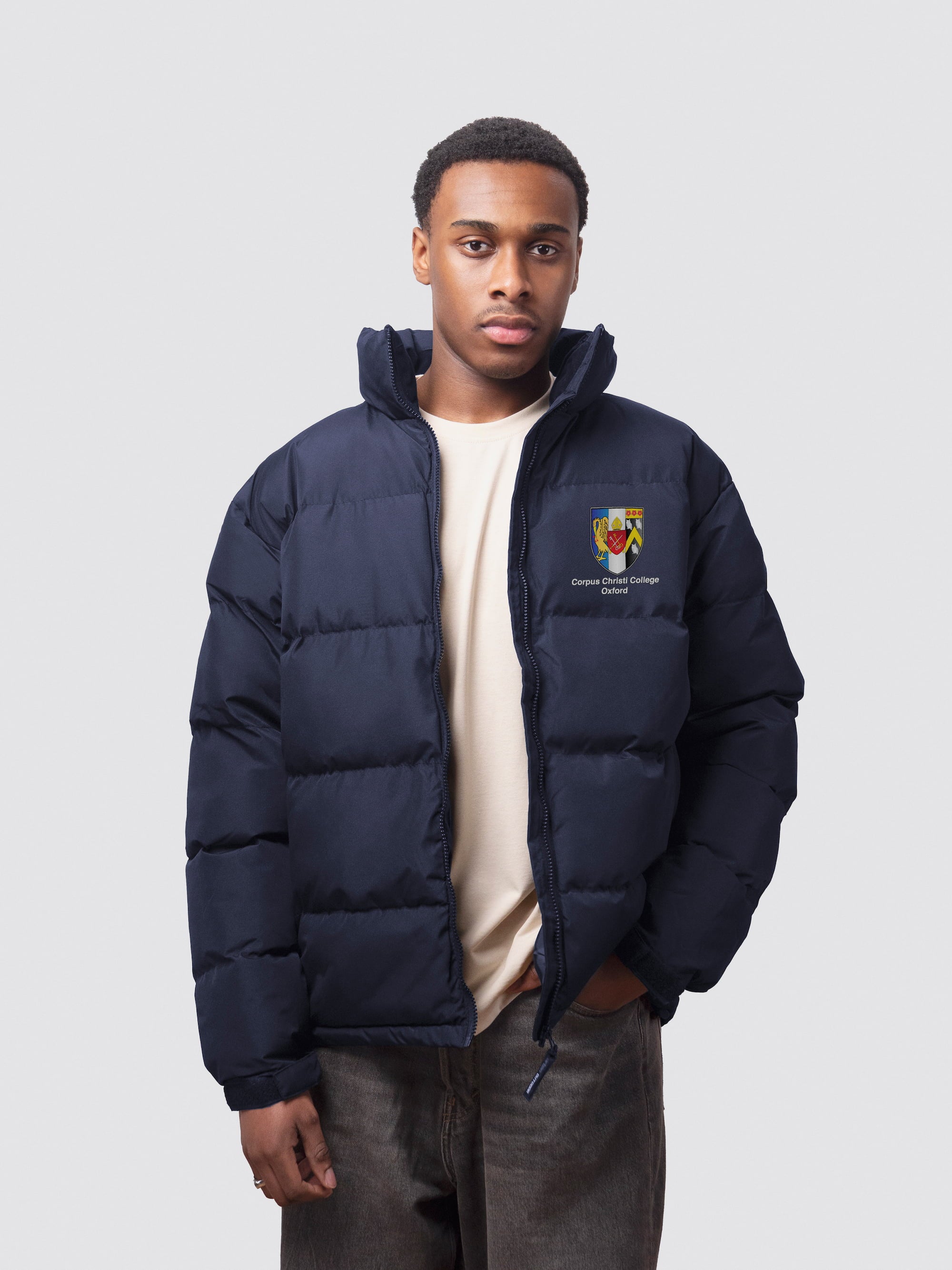  Navy Oxford University puffer jacket, with embroidery on the left chest