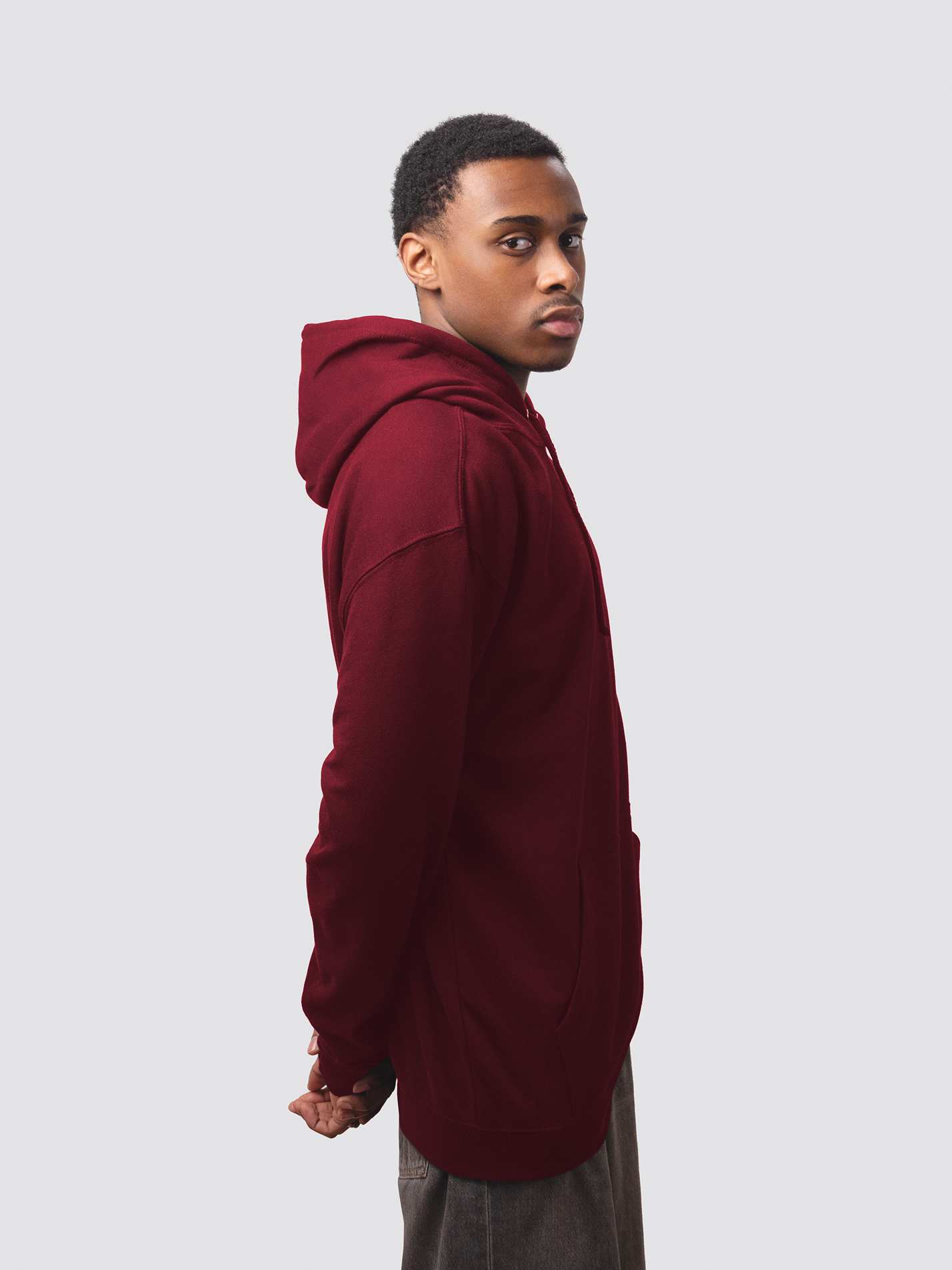Darwin College hoodie, made from burgundy cotton-faced fabric 