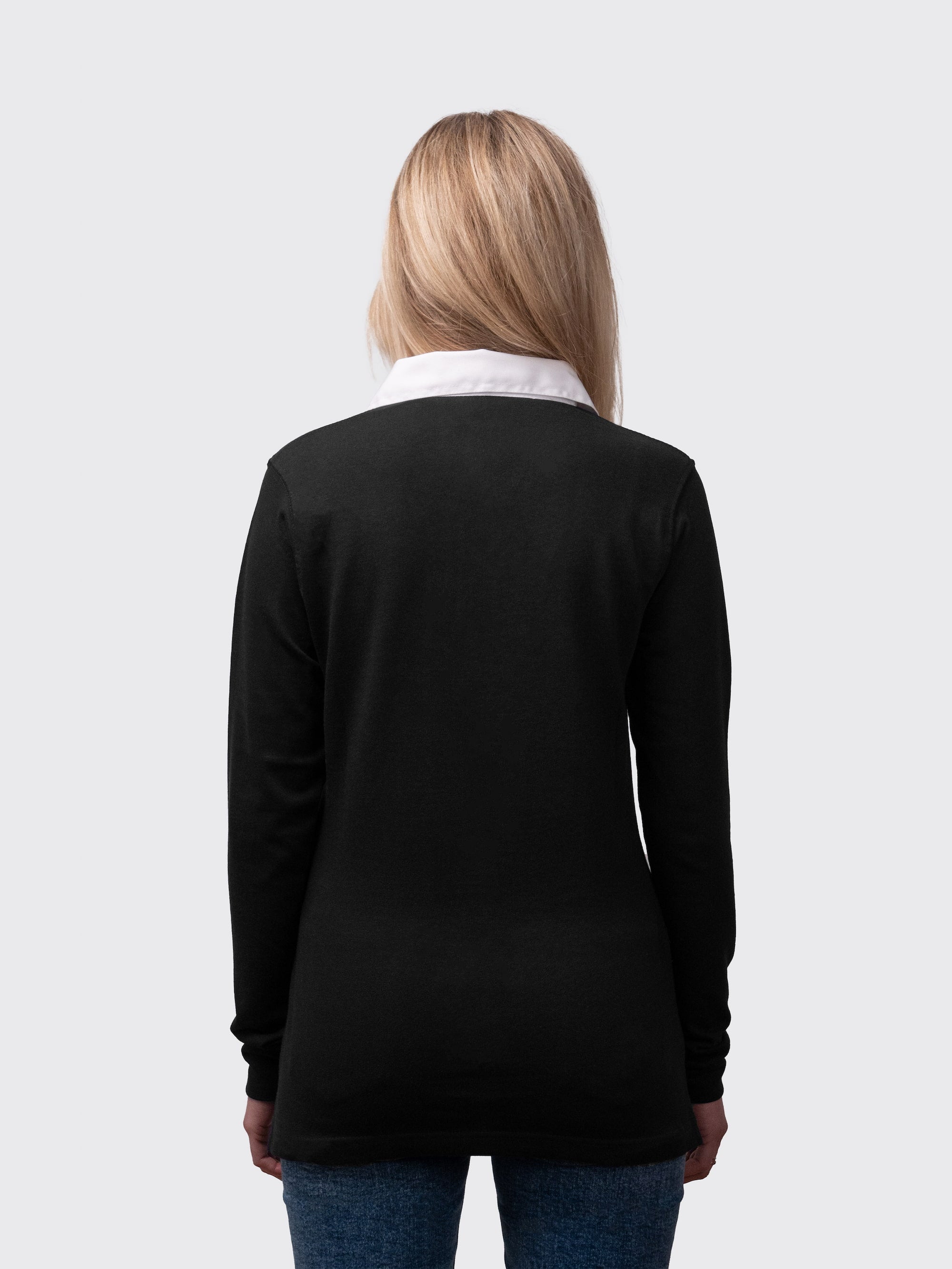 Cambridge University ladies rugby shirt in black, with white contrast collar 