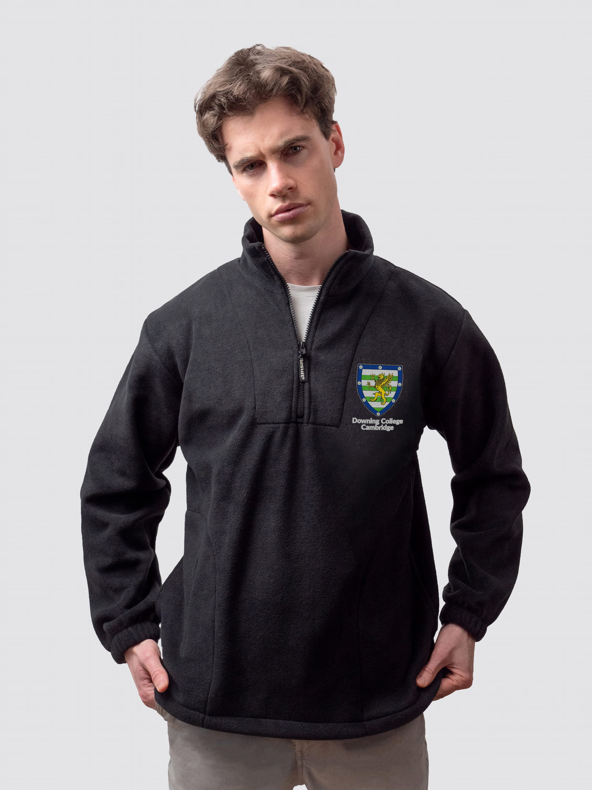 Cambridge University fleece, with custom embroidered initials and Downing crest