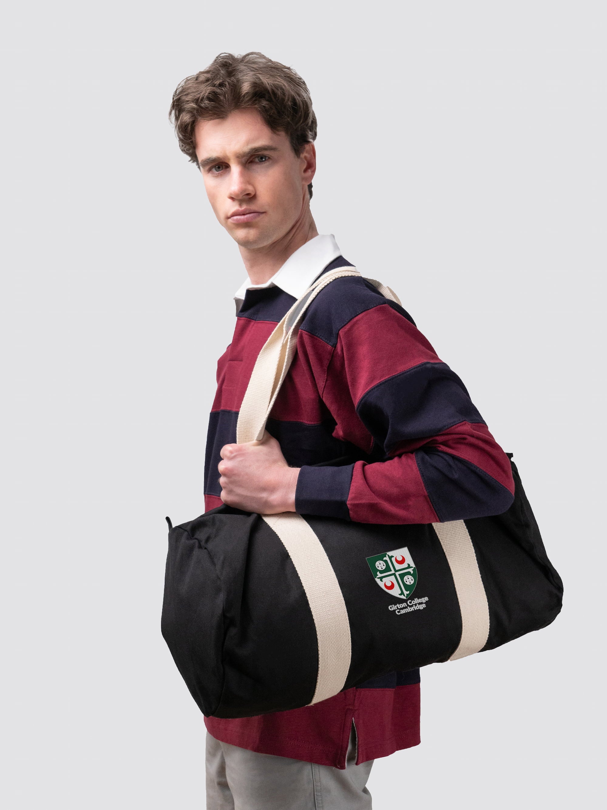 Contrast stripe student barrel bag, made from organic cotton canvas