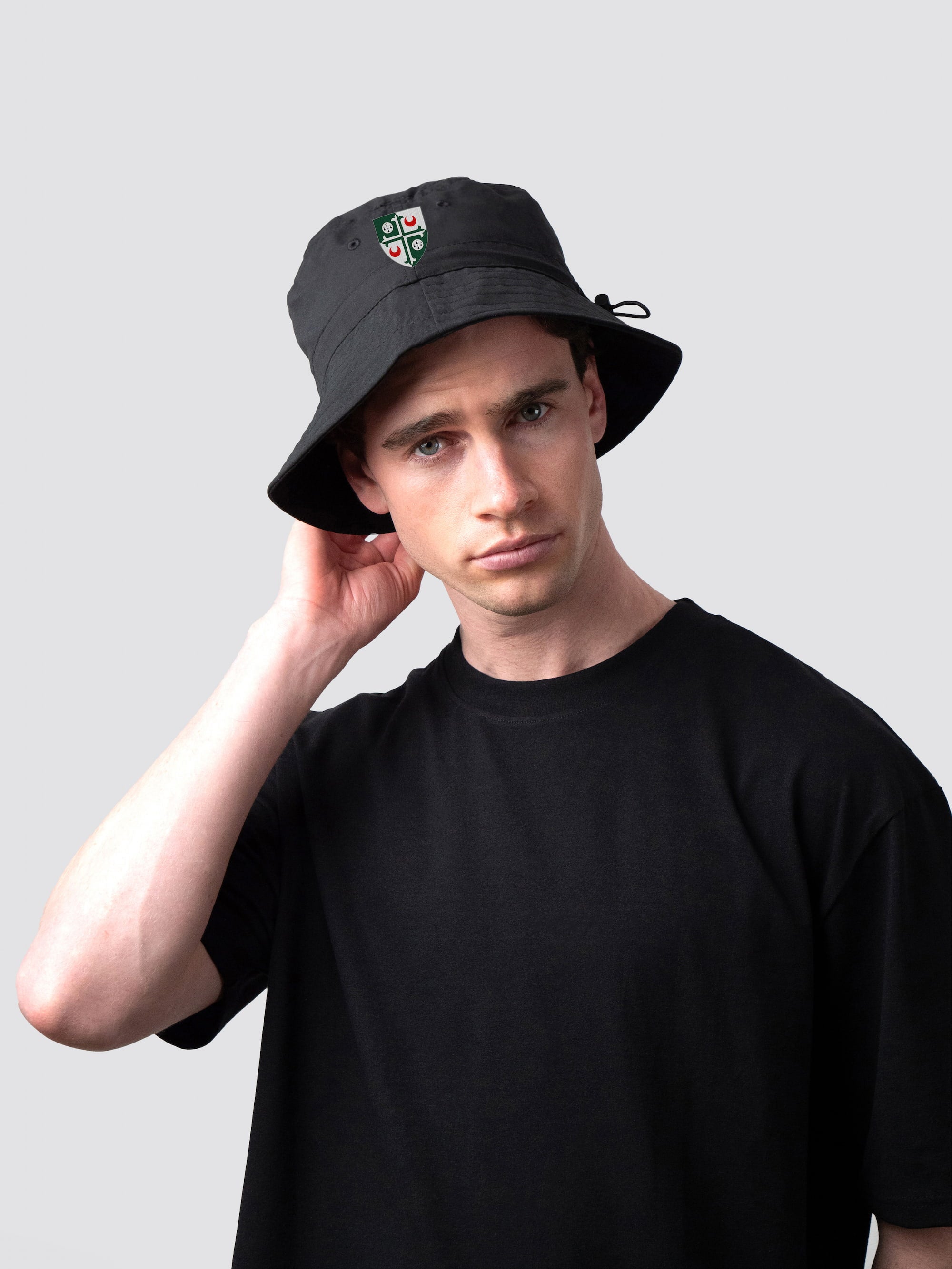 Black bucket hat, with embroidered Girton College crest