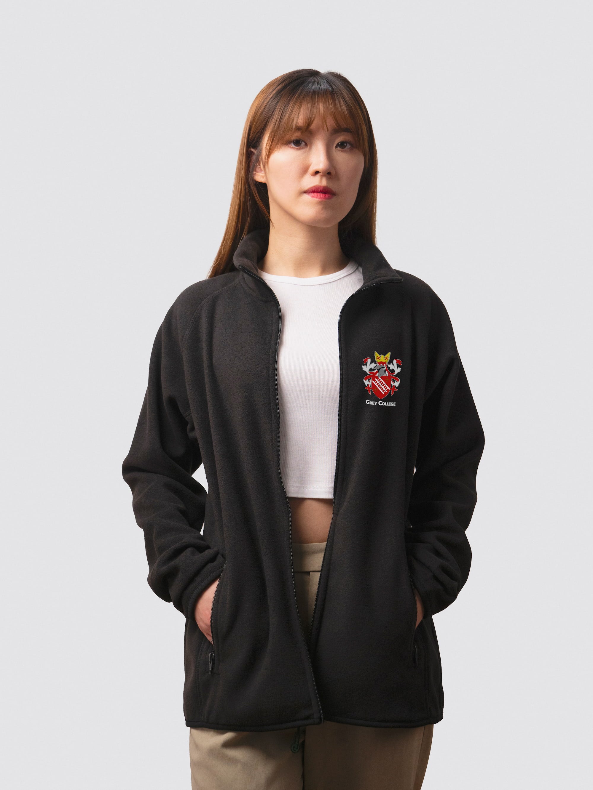 Custom student fleece, with Grey College crest on the left chest