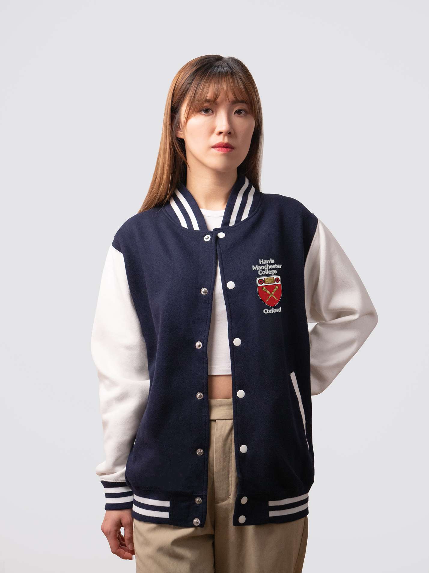 Retro style varsity jacket, with embroidered Harris Manchester crest