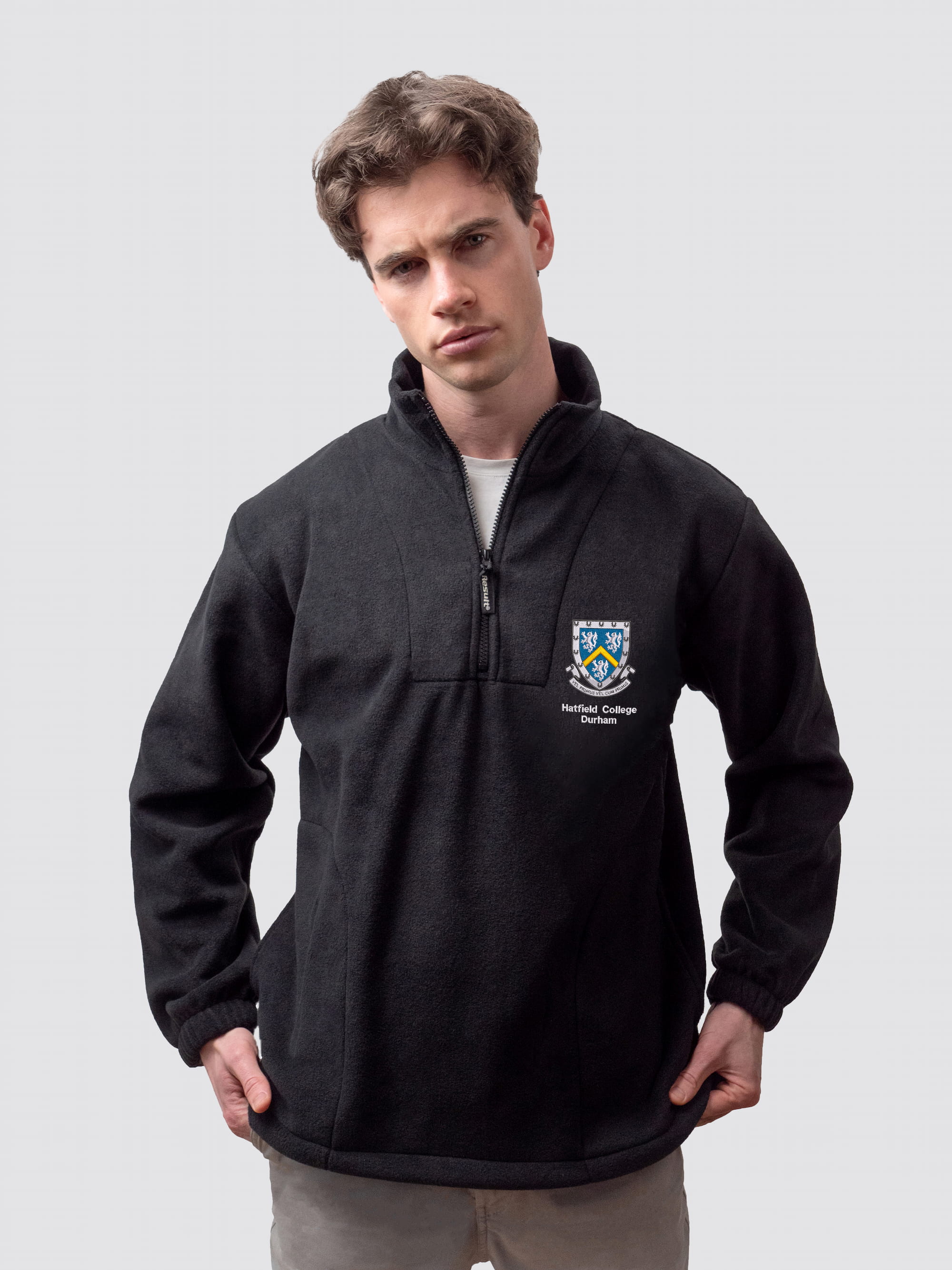 Durham University fleece, with custom embroidered initials and Hatfield crest