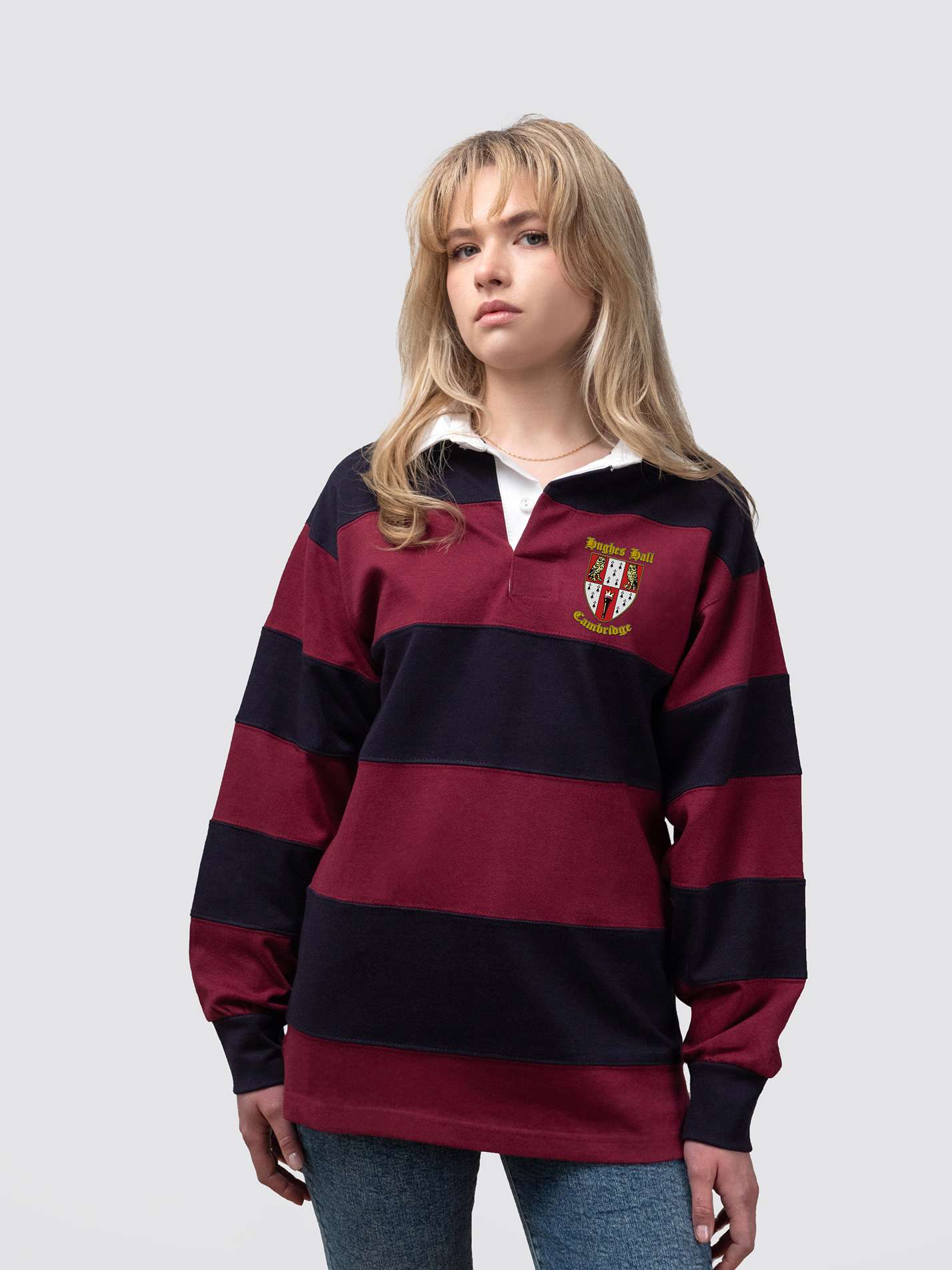 Hughes Hall College rugby shirt, with burgundy and navy stripes