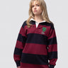Jesus College rugby shirt, with burgundy and navy stripes