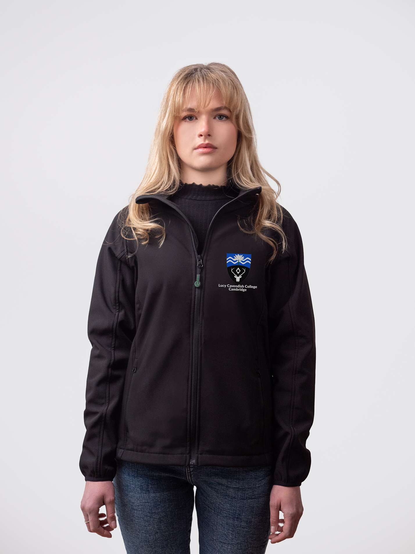 A student wearing a sustainable, Lucy Cavendish College embroidered jacket