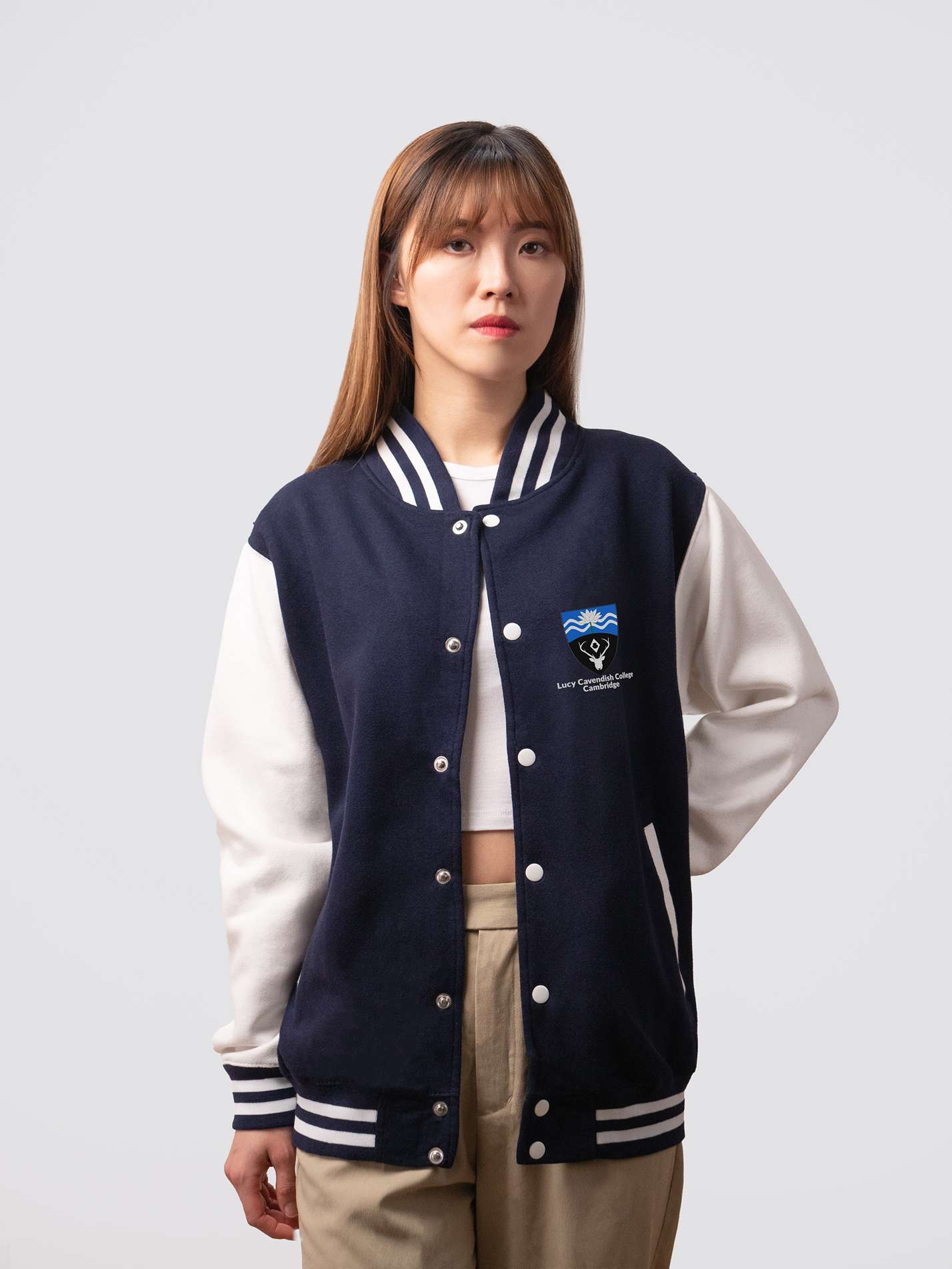 Retro style varsity jacket, with embroidered Lucy Cavendish crest