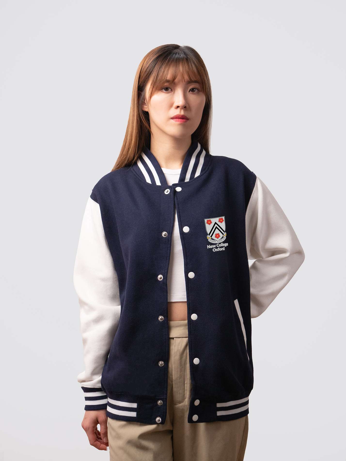 Retro style varsity jacket, with embroidered New College crest