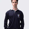 Pembroke student wearing an embroidered mens rugby shirt in navy
