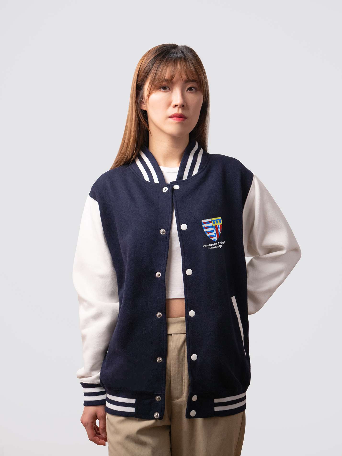 Retro style varsity jacket, with embroidered Pembroke crest