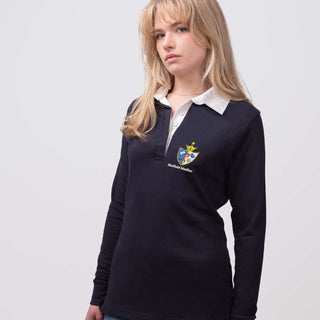 Student wearing a navy Sheffield MedSoc rugby shirt with embroidered crest