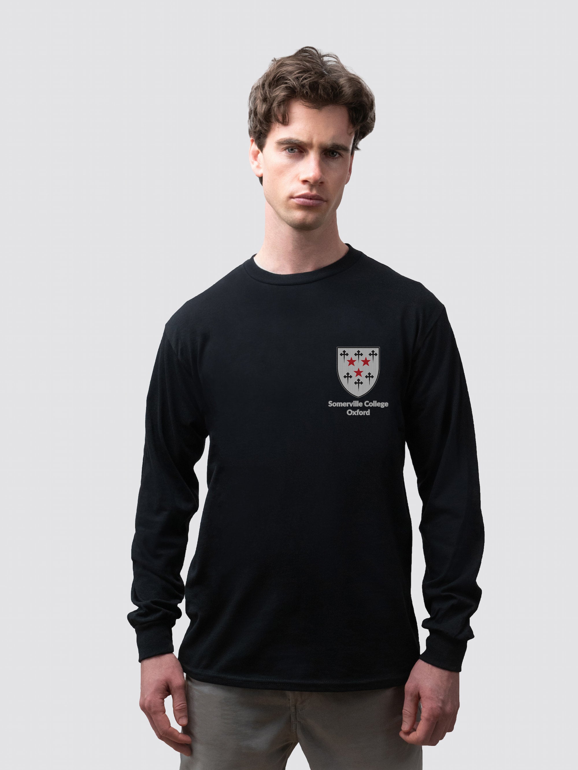 Premium long-sleeve college t-shirt, with the University Logo on the left chest