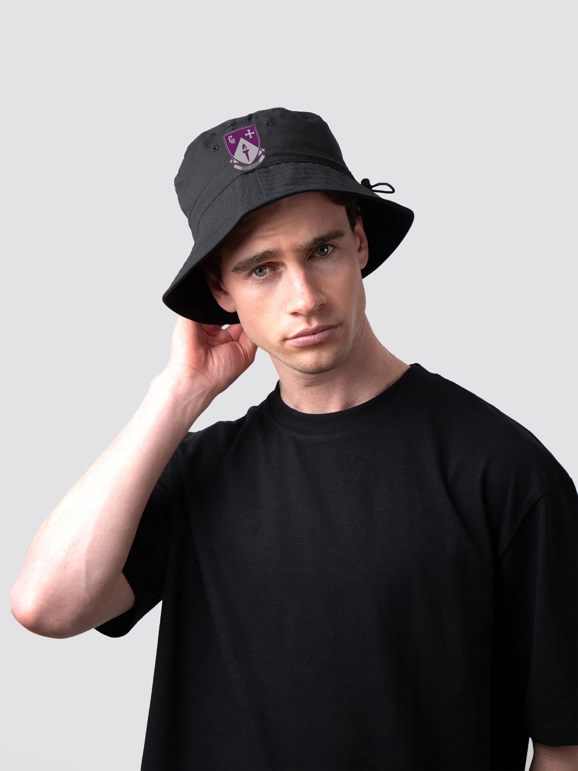 Black bucket hat, with embroidered South College crest