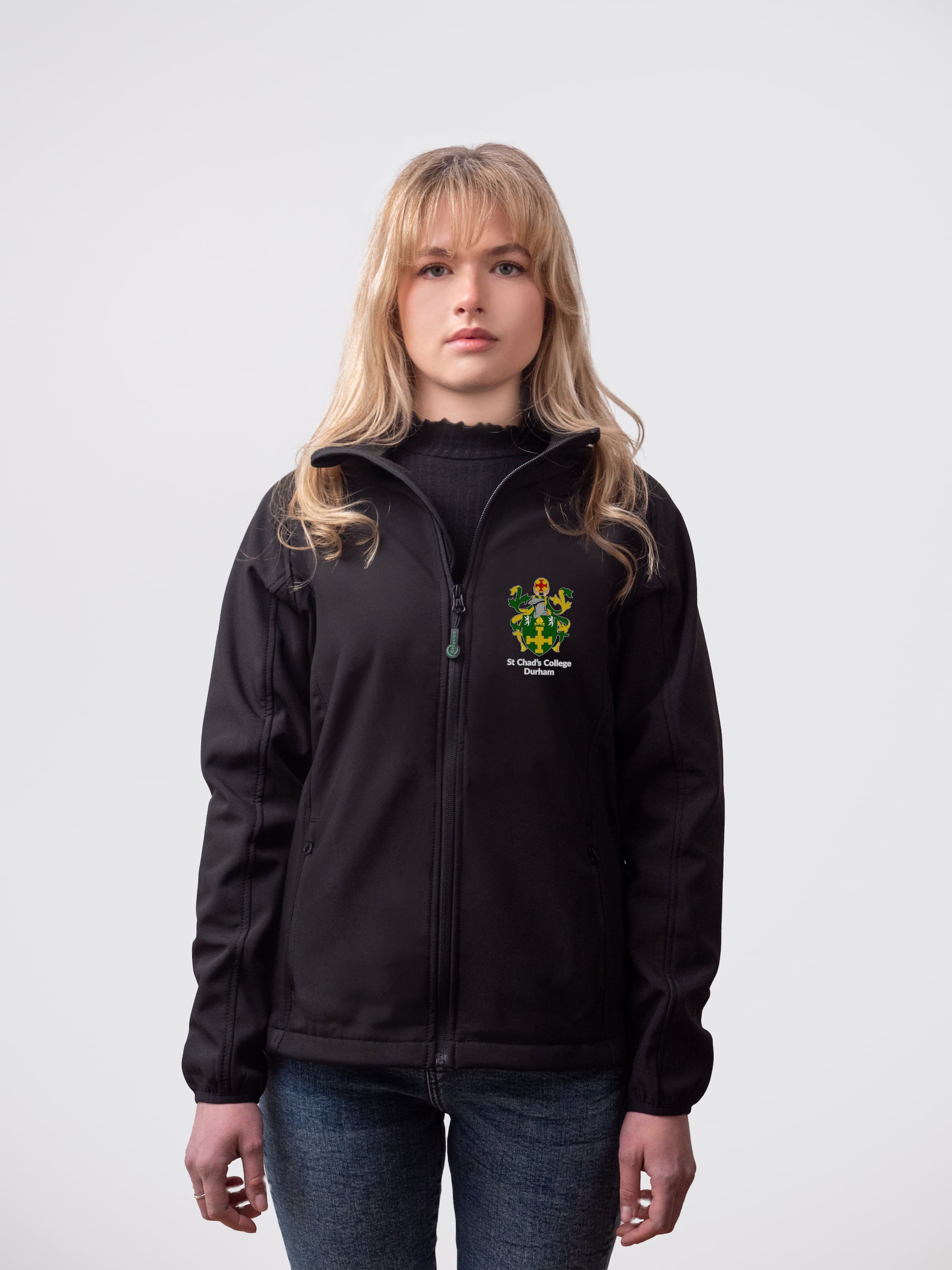 A student wearing a sustainable, St Chad's College embroidered jacket