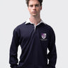 St Cross student wearing an embroidered mens rugby shirt in navy
