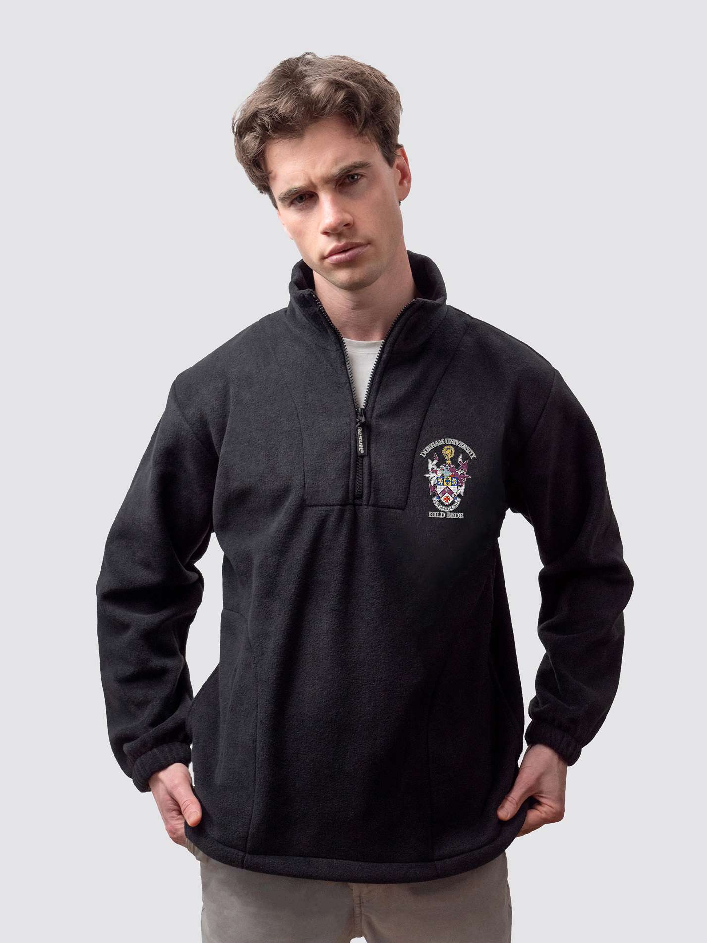 Durham University fleece, with custom embroidered initials and St Hild and St Bede crest