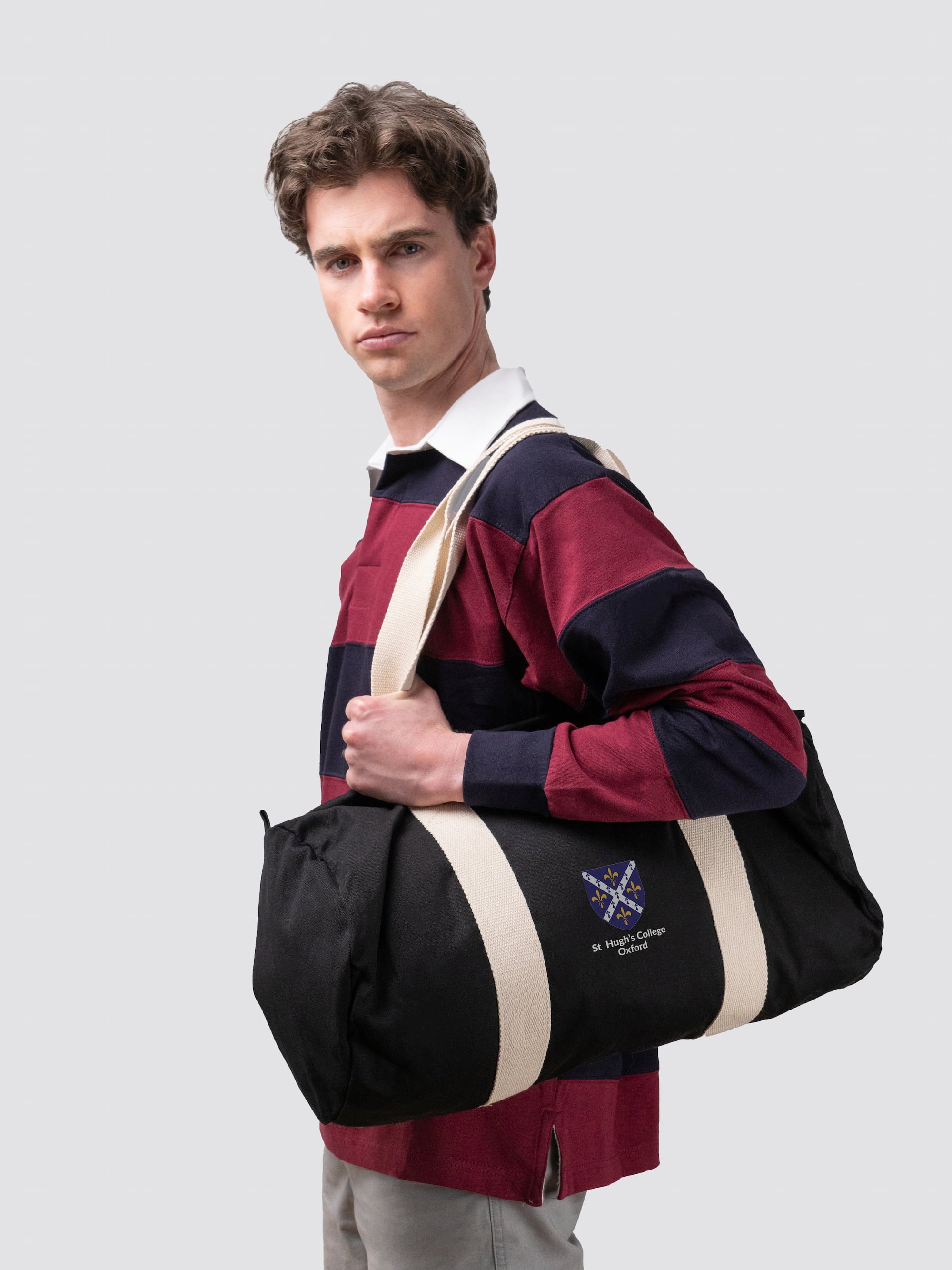Contrast stripe student barrel bag, made from organic cotton canvas