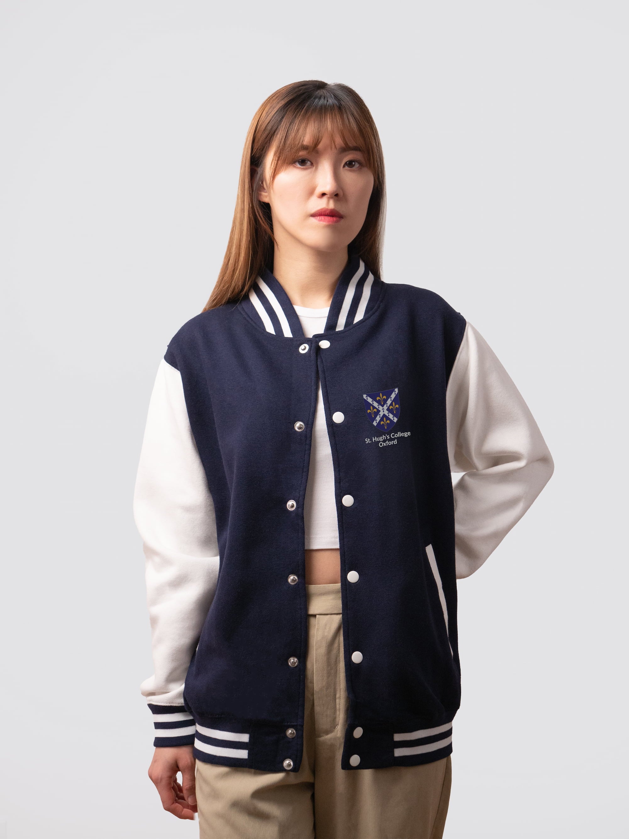 Retro style varsity jacket, with embroidered St Hugh's crest
