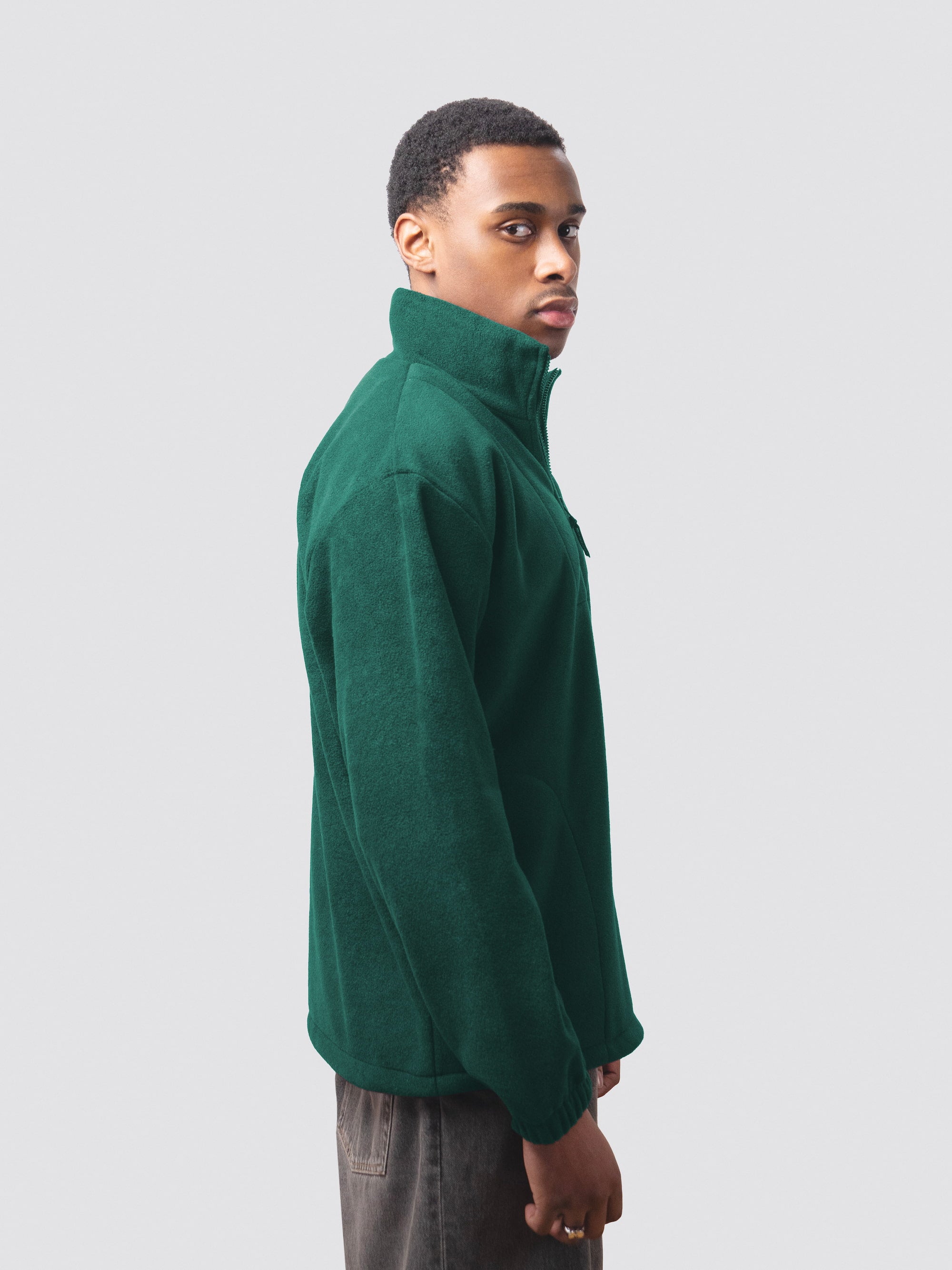 Forest green quarter-zip fleece, with stand-up collar