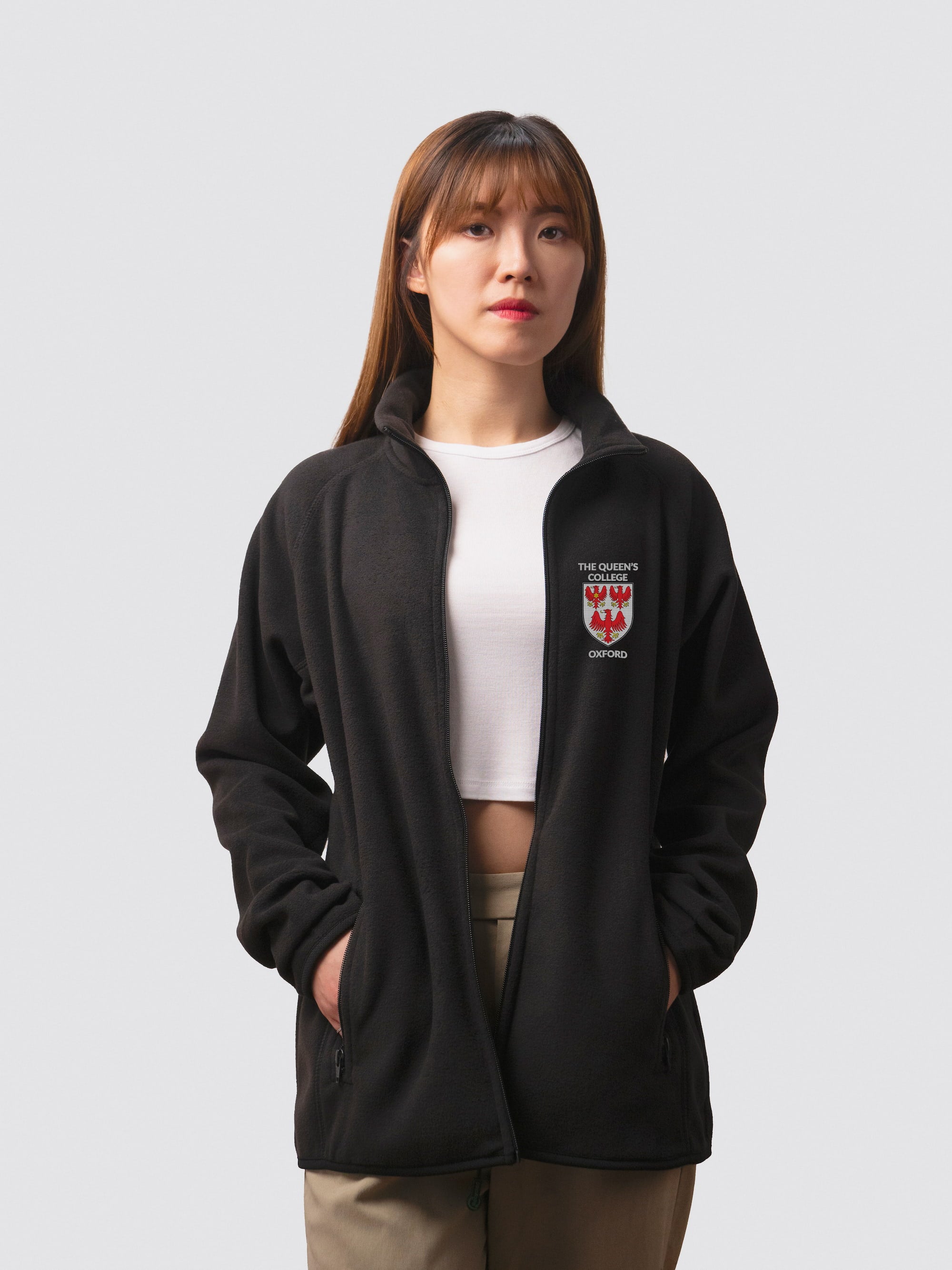 Custom student fleece, with The Queen's crest on the left chest