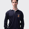 Trevelyan student wearing an embroidered mens rugby shirt in navy