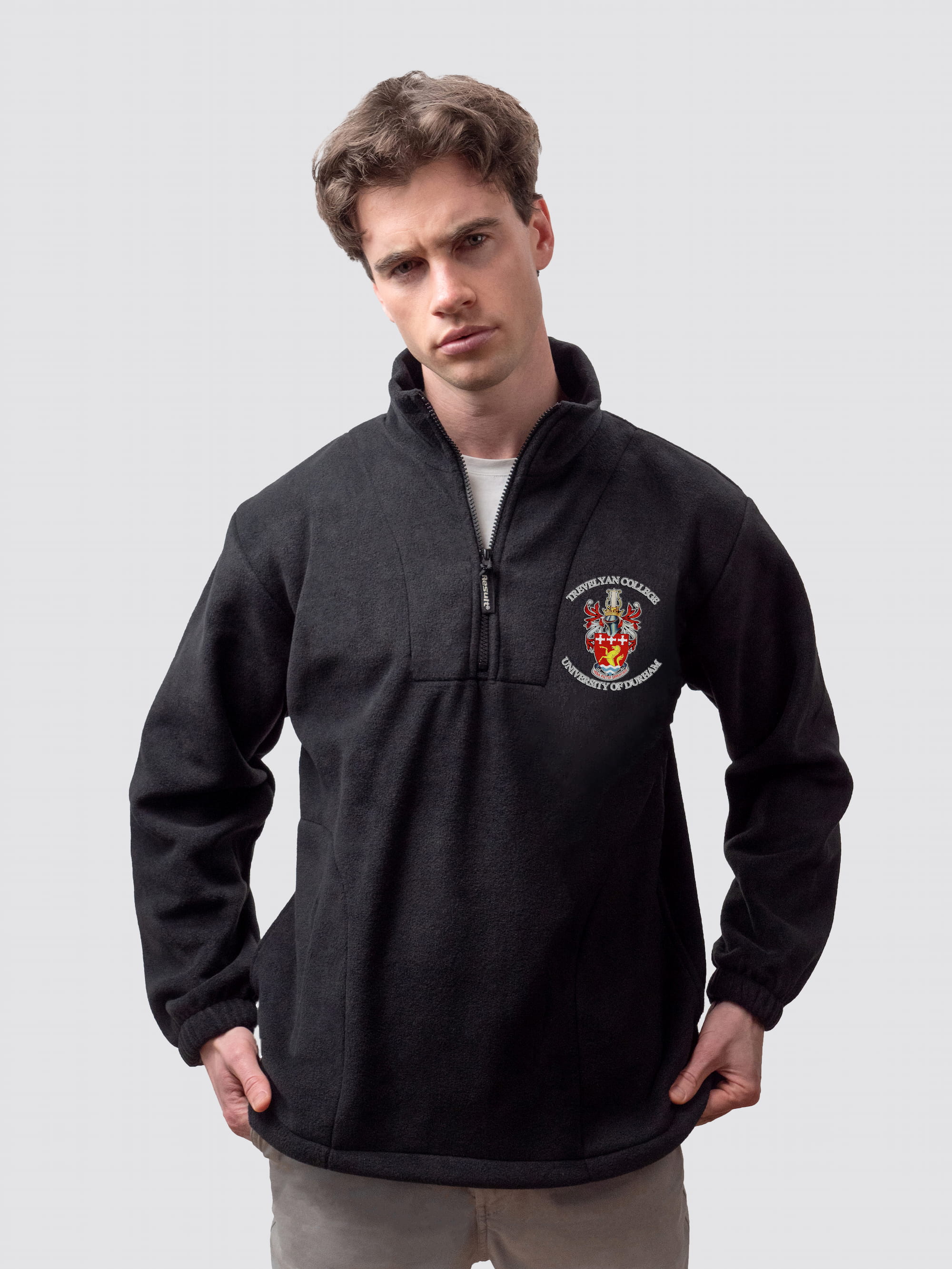 Durham University fleece, with custom embroidered initials and Trevelyan crest