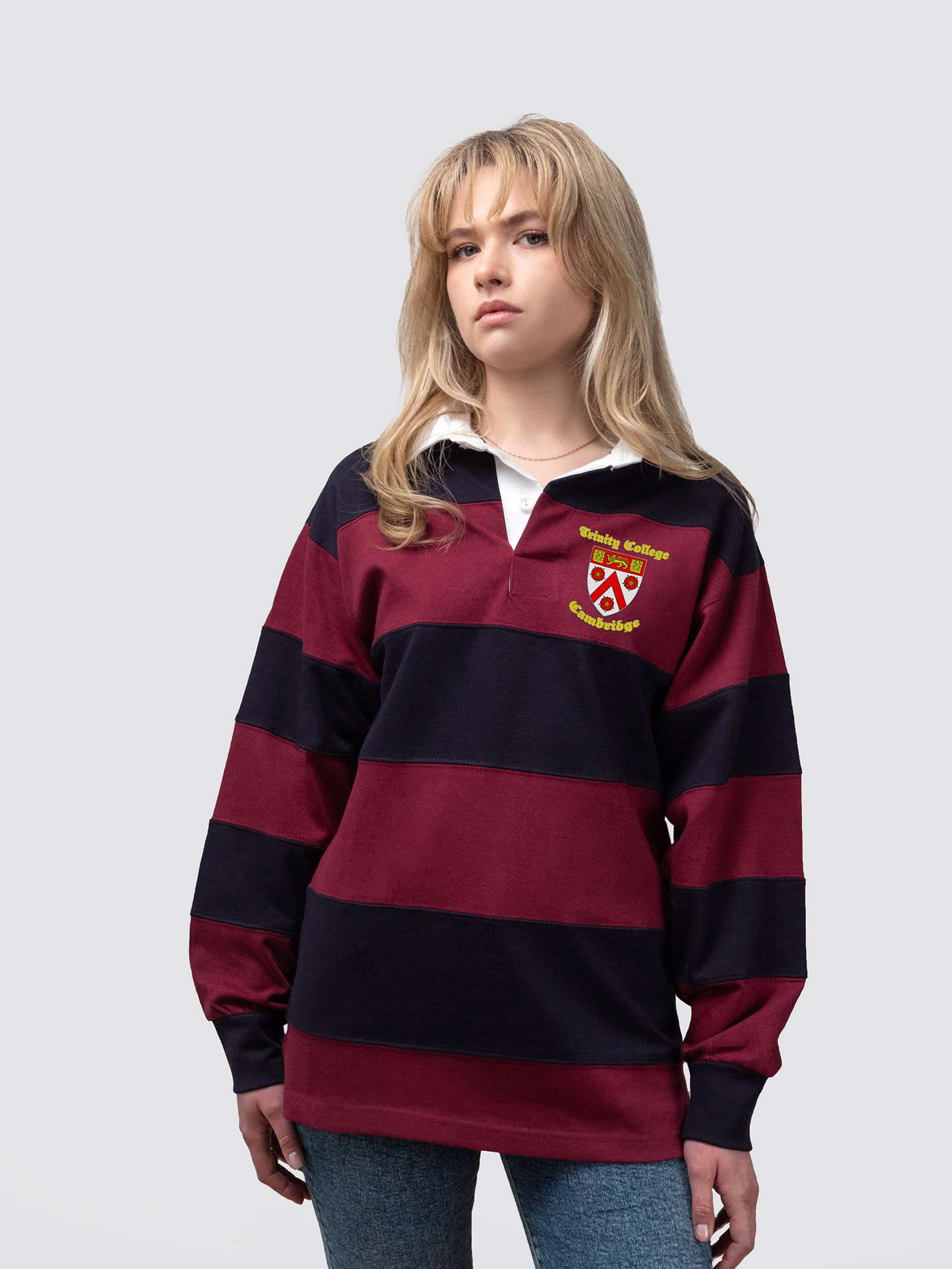 Trinity College rugby shirt, with burgundy and navy stripes