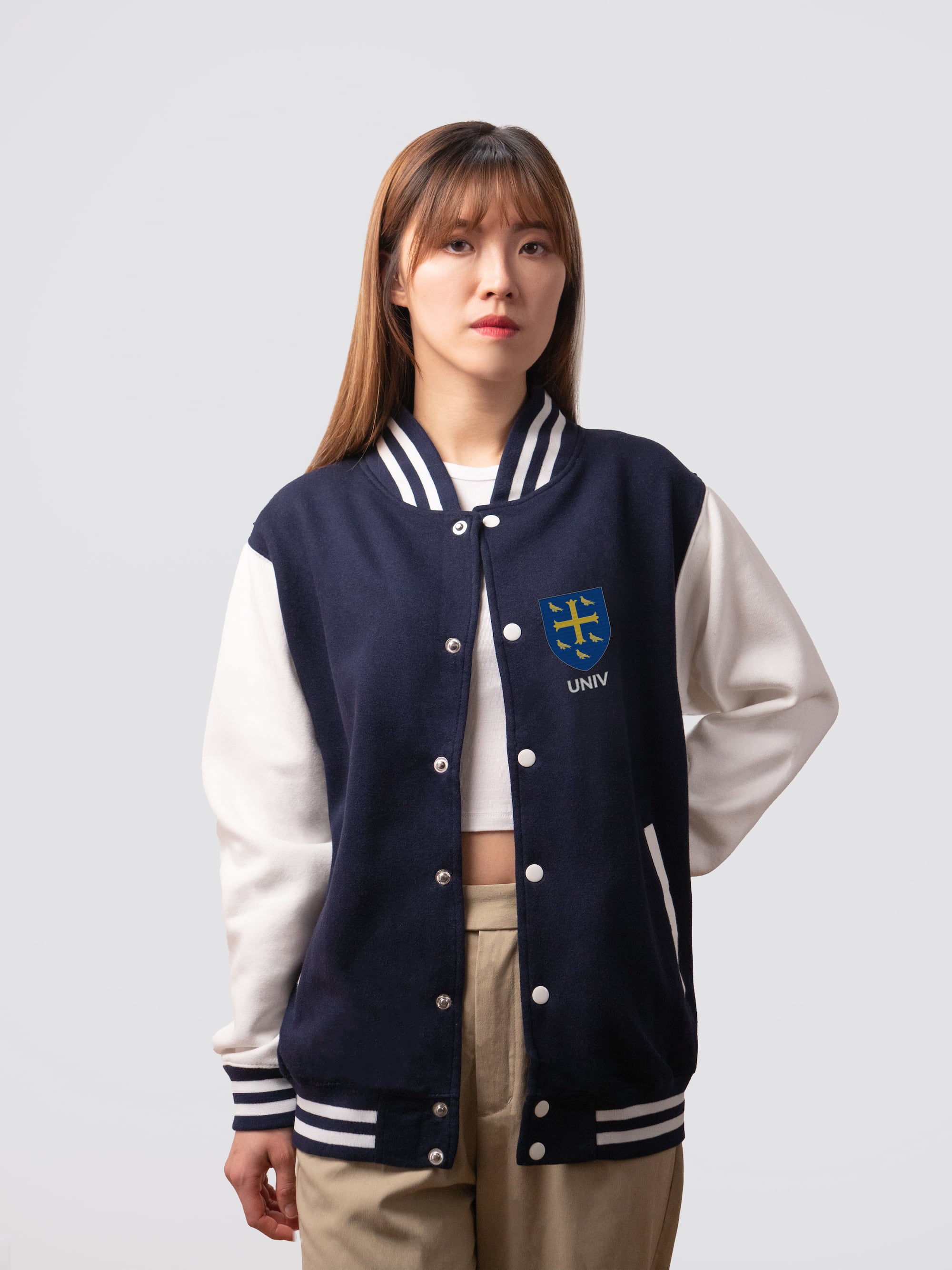 Retro style varsity jacket, with embroidered University crest