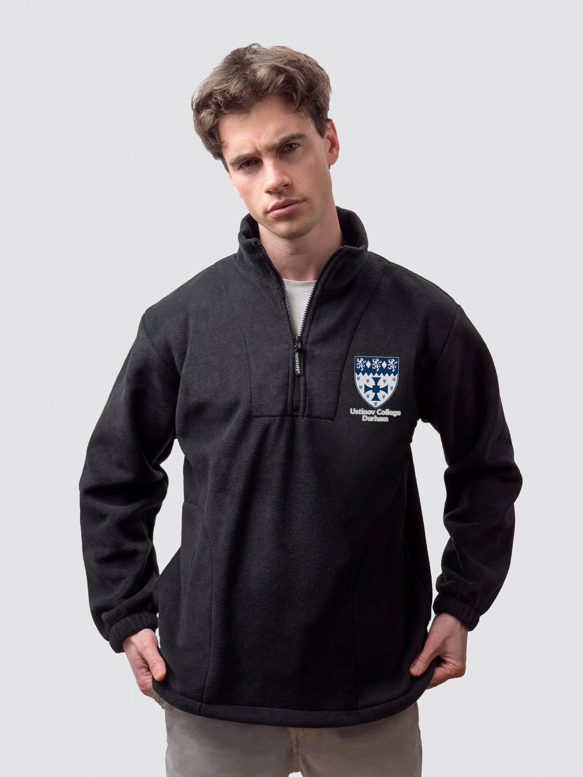 Durham University fleece, with custom embroidered initials and Ustinov crest