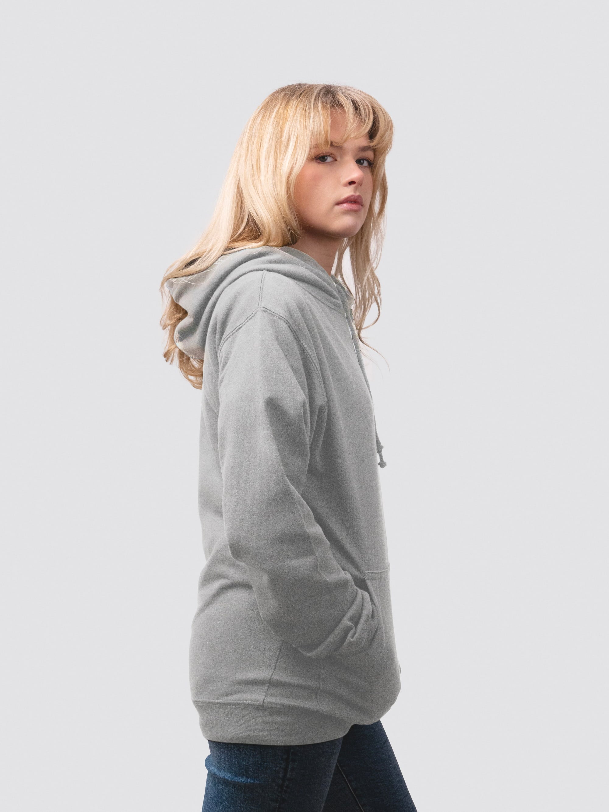 Heather grey hooded-jumper, worn by female undergrad
