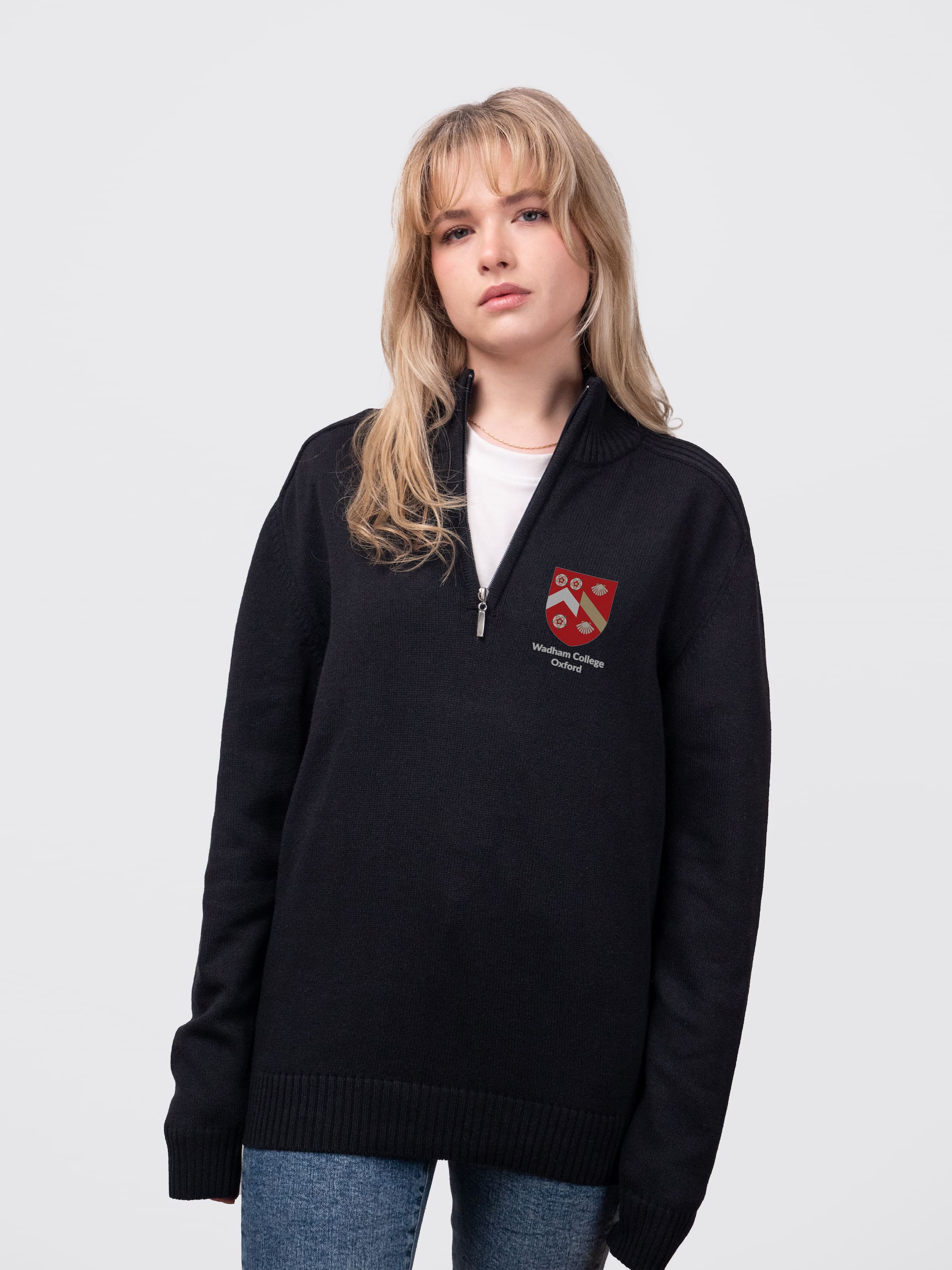 Stylish zip-neck sweater with custom left-breast embroidery