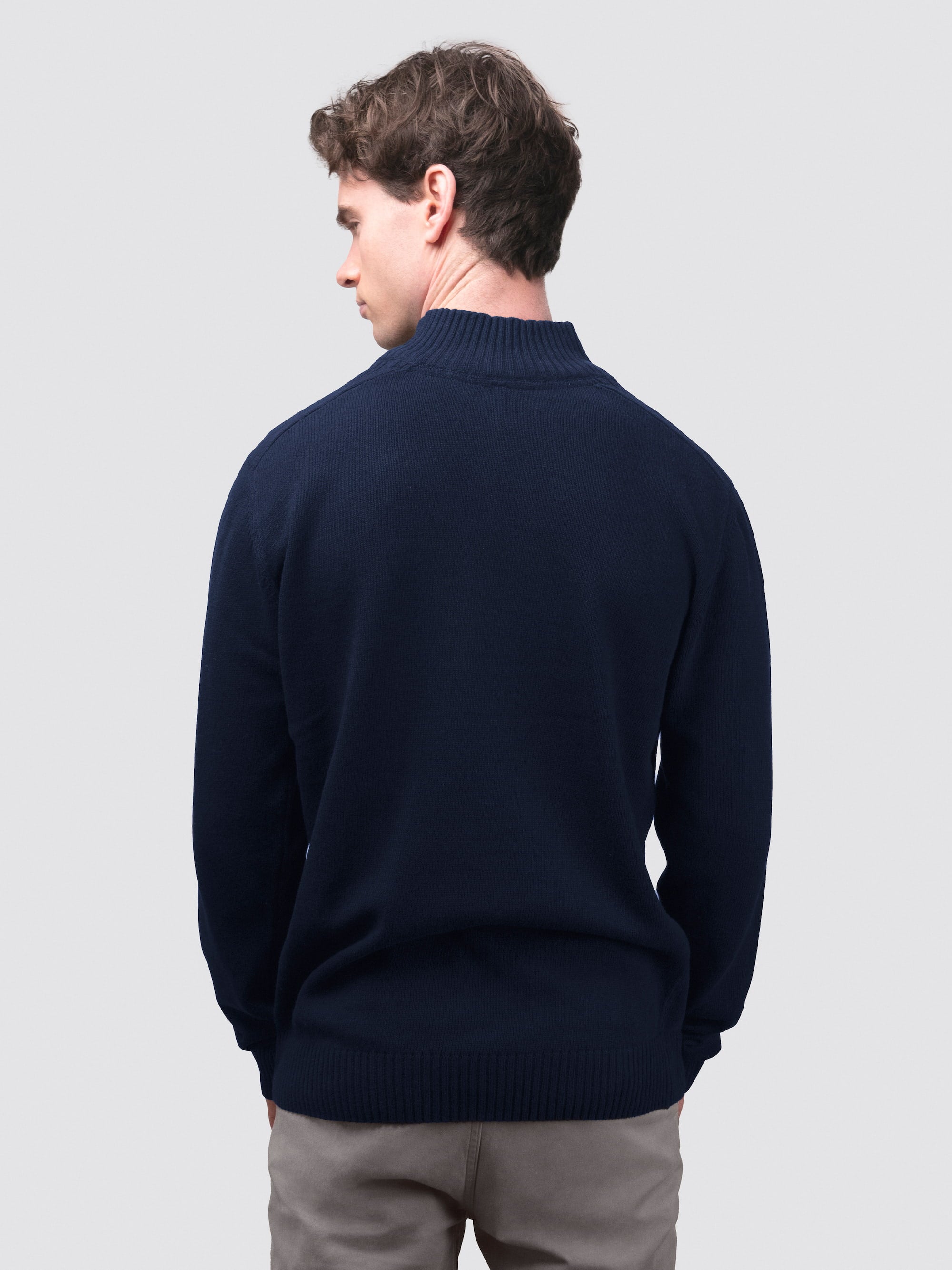 Navy zip-neck jumper made from regenerated cotton and polyester